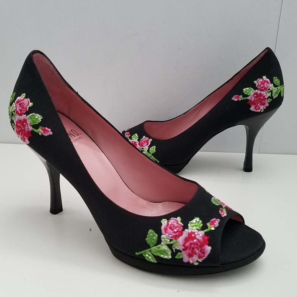 Moschino women heels pumps Black satin embroidered